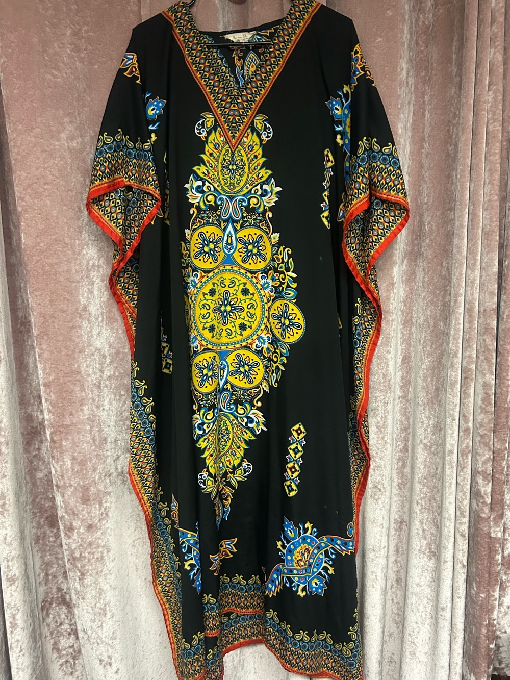 Boho Black Caftan Dress with Yellow & Blue Medallion Print